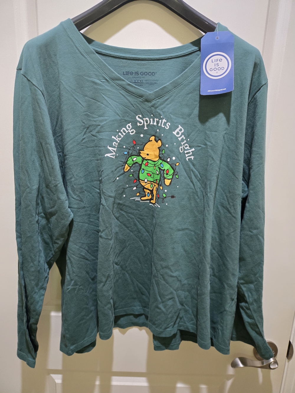 Life Is Good Green Winnie the Pooh "Making Spirits Bright" Long Sleeve Tee